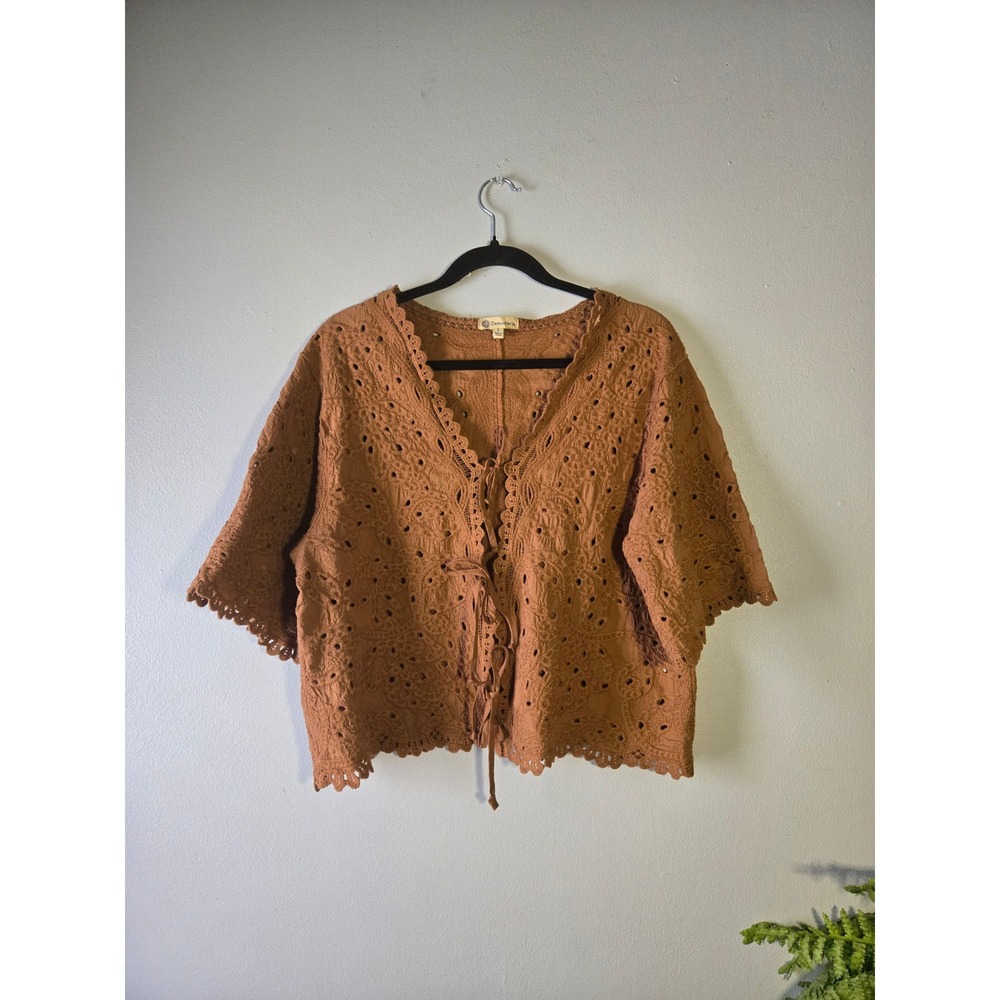 Democracy Rust Brown Eyelet Crochet Tie-Front Blouse